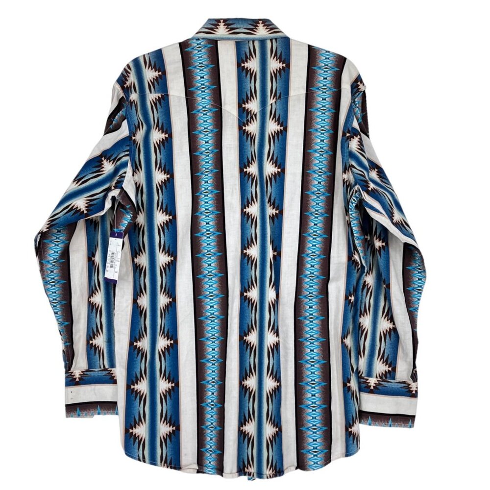 Vtg Panhandle Slim Western Pearl Snap Shirt Mens M Tan Brown Blue Aztec Print - Picture 11 of 12